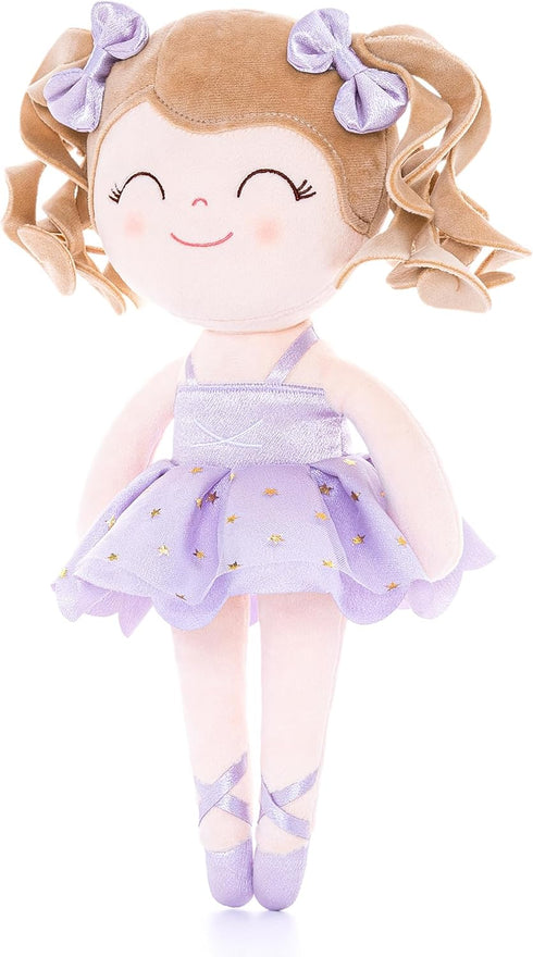 Gloveleya Baby Dolls Soft Snuggly Curly Hair Ballerina Doll, Plush Ballet Doll with Lace Mesh Dress, Purple 14 inches