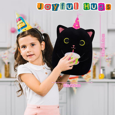 Cat Plush, 14inch Black Cat Plush Birthday Stuffed Animal with Cake, Kawaii Plush Kitten Cuddle Pillow Birthday Gift for Kids, Boys and Girls, Girlfriend
