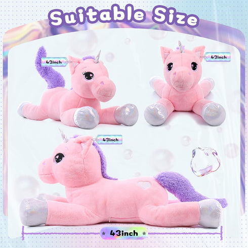 Big Unicorn Stuffed Animal Toys - Soft Pink Plush Pillow for Girls, 43"