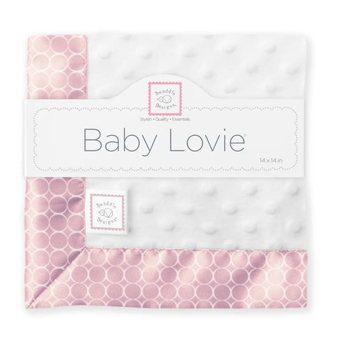 SwaddleDesigns Baby Lovie, Plush Dots with Satin Trim, White Mini Mod Circles on Pastel Pink, 14 x 14 inches