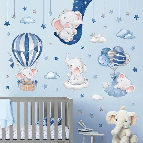decalmile Blue Grey Sleeping Elephant Wall Decals Hot Air Balloon Moon Clouds