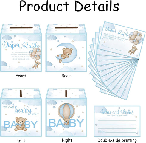 SZSHANN 51 Pcs Bear Diaper Raffle Tickets with Diaper Raffle Card Box for Baby Shower Supplies, Blue Bear Themed Insert