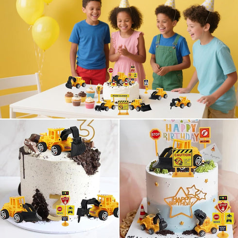 ZWLIYCHN 16pcs Mini Construction Vehicles Cake Topper Truck Excavator Traffic Road Sign Cake Cupcake Topper