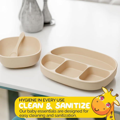Baby Feeding Set by Muqee Peeko - Baby Feeding Essentials in Baby Apricot Color with Suction Plates for Toddlers,
