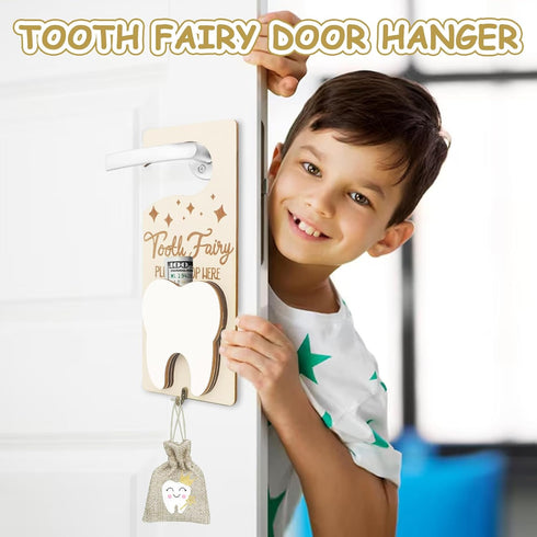 Tooth Fairy Tooth Holder, Tooth Fairy Door Hanger with Money Slot, Keepsake Bottle & Burlap Pouch for Lost Teeth Milk