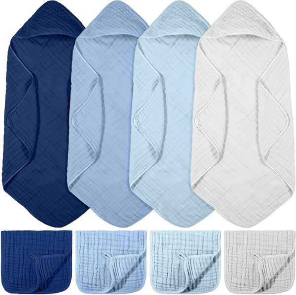VitalCozy 8 Pcs Baby Muslin Hooded Bath Towels and Washcloths Muslin Cotton