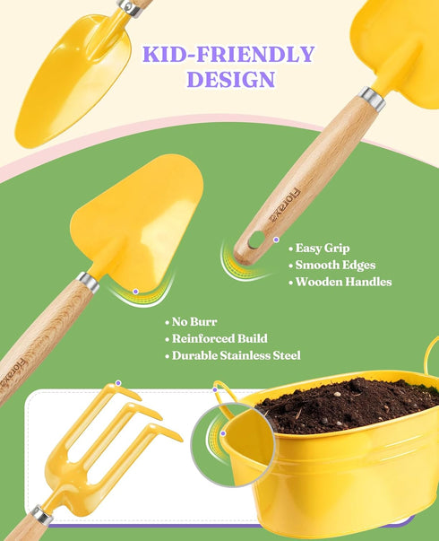 Floraxa 8Pcs Set 3 Kids Gardening with Metal Basket & Real Metal Tools, STEM Outdoor Kit, Ergonomic Wooden Handles