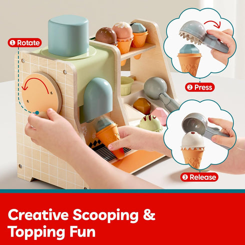 Set Counter 3+ TOP BRIGHT Wooden Ice Cream Pretend Play Toys, Play Kitchen for Kids with Ice Cream & Scoop & Menu