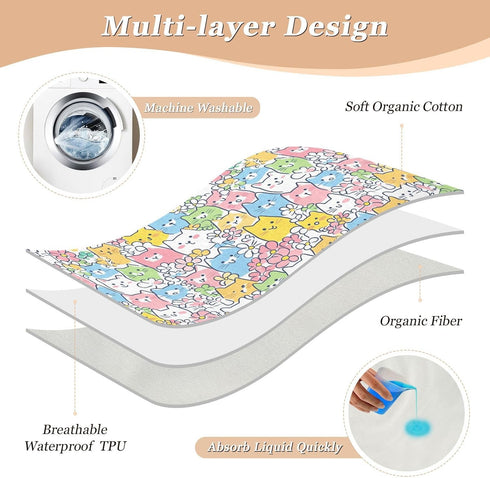 siphylline 52" 34" Colorful Cartoon Cats Extra Large Resuable Toddler Mattress Pads Highly Absorbent Pads for Bed