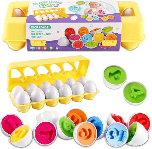 LOOIKOOS Matching Egg Toy Set, 12 Play Eggs for Toddlers, Educational Color and Number Recognition Skills Game