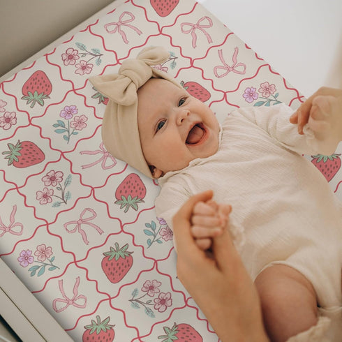 Summer 32''16'' Boho Strawberry Flowers Baby Changing Pad Covers for Boys Girls Strawberries Pink Bows Checkerboard