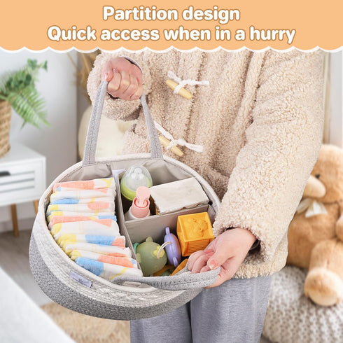 PHILORN Diaper Caddy Organizer - Cotton Rope Basket with Dividers, Nursery Storage for Changing Table, Baby Shower Gift