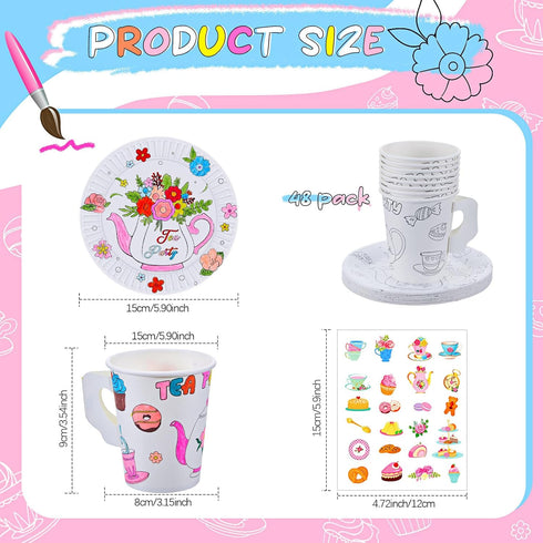 24 Set 8 oz Lenwen Color Your Own Tea Party Cups with Handle, DIY Coloring Treat Paper Cups and Plates Snack Dessert