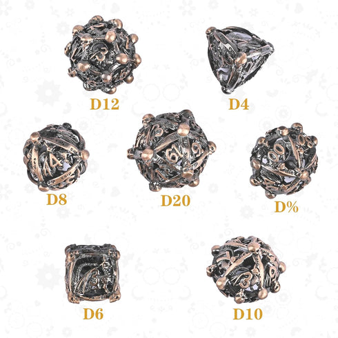 DND Metal Dice Set, UBEUCK 7PCS Skull and Dragon Dice for Dungeons & Dragons, Ancient Red Copper