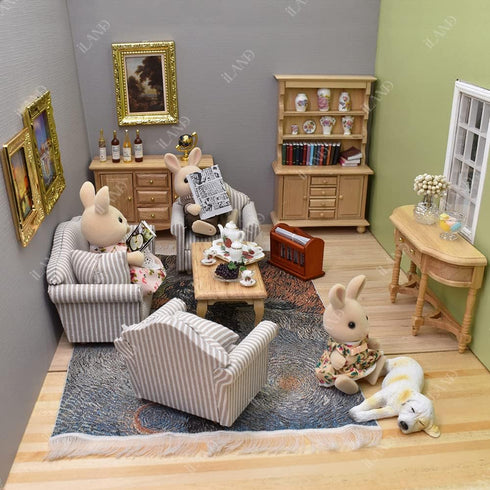 iLAND Miniature Wooden Dollhouse Furniture Set: Sofa, Cabinets, Coffee Table for Living Room (7pcs)