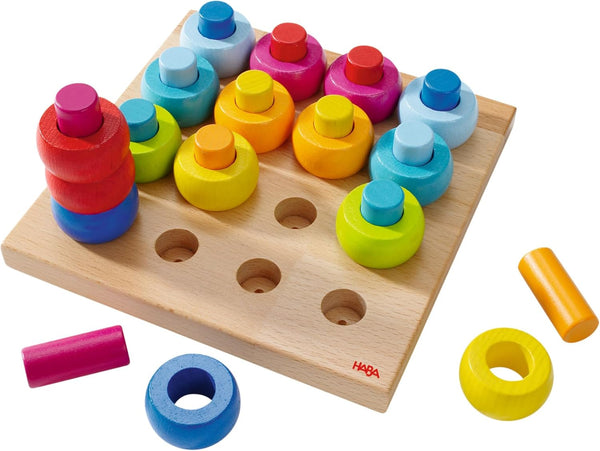 HABA Rainbow Whirls Wooden Sorting & Stacking Rings Shape Sorter, Educational Toys