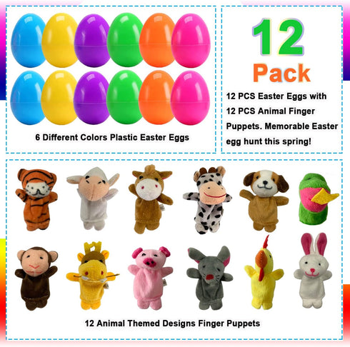 12 Pack Easter Eggs Filled with Animal Finger Puppets, Easter Basket Stuffers Surprise Easter Gifts Prefilled Mini