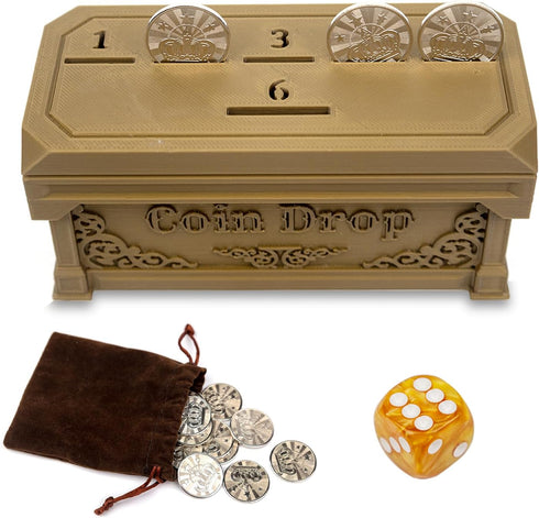 Coin Drop Game - Classic Board Game with 30 Metal Coins, 1 Dice, and 1 Specification