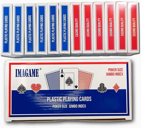 Plastic Playing Cards, Poker Size, Casino Quality, Jumbo Index, Waterproof & Washable, 6 Blue Deck & 6 Red Deck
