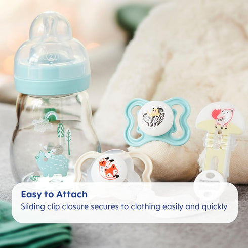 (2 Pack) MAM Universal Pacifier Clip Baby Pacifier Holder Strap with One Hand Sliding Clip, Fits All Pacifiers
