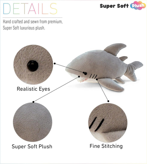 DolliBu Shark Plush - Super Soft Gray Marine Shark, Realistic Ocean Animal Plush Toy for Kids, 6 Inches