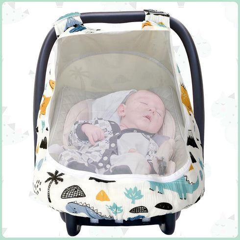 Fiwochic Dinosaurs Carseat Cover Baby Infant Car Seat Canopy Breathable Cotton Extra Large Mesh Window Windproof