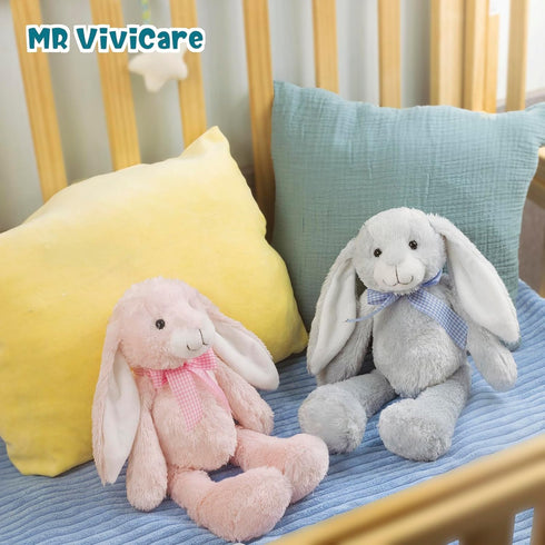14" Blue Bunny Stuffed Animal for Kids and Newborns, Huggable Plush Rabbit Toy with Bow for Boys and Girls
