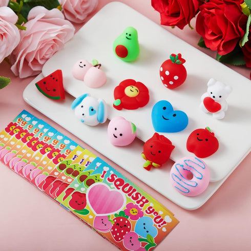 28 Packs JOYIN Valentines Day Gift Cards with Mochi Squishy Toys, Kawaii Mochi Squishy Toy to Squeeze Stress Relief