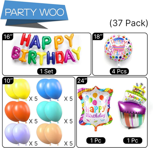 PartyWoo Happy Birthday Balloons - 37 pcs Mylar Letter Foil Balloons and Colorful Banner for Rainbow Birthday
