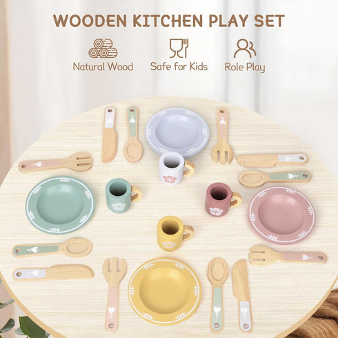 20 Playset 3 PCS Kitchen with Wooden Toy Plates and Dishes, Montessori Kitchen Toys for Girls and Boys, Wooden Play