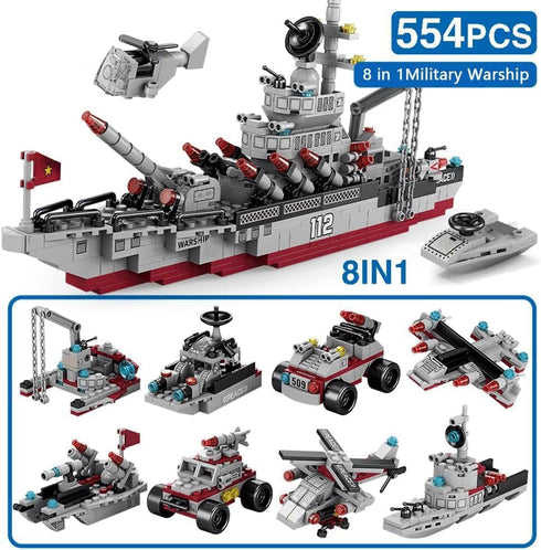 Building Block Warship 25 in1 Battleship Building Kits for Kids City Helicopter Military Ship Bricks Kit Educational Toys for Boys Age 6 7 8 9 10 11 12 Years Old 554PCS