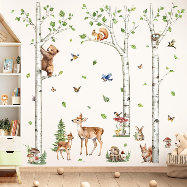 decalmile Large White Birch Tree Wall Decals Woodland Animals Bear Deer Rabbit