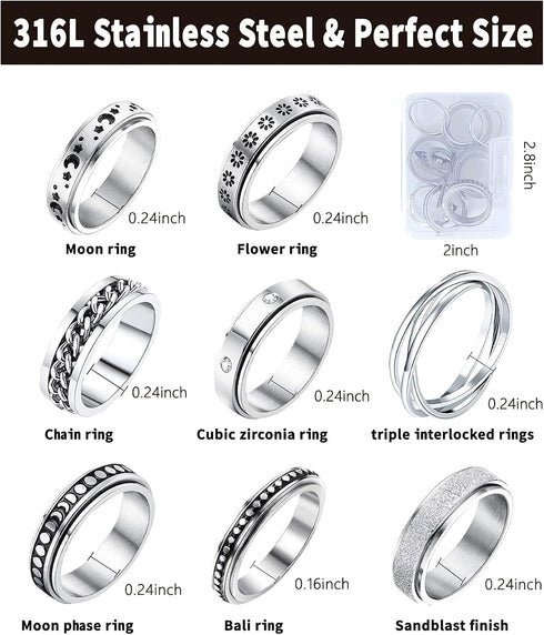 8pcs MUCAL Fidget Rings for Anxiety Stainless Steel Spinner Ring Anti Anxiety Ring Spinning Moon Star Cool Stress