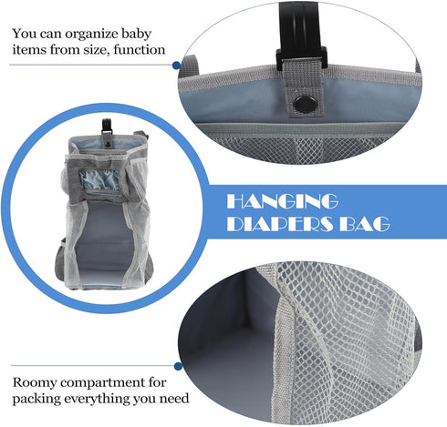 ELAYARD Bedside Hanging Diaper Bag for Nursery Organization, Large Gray Fabric Crib Organizer with Handlebar, Cloth
