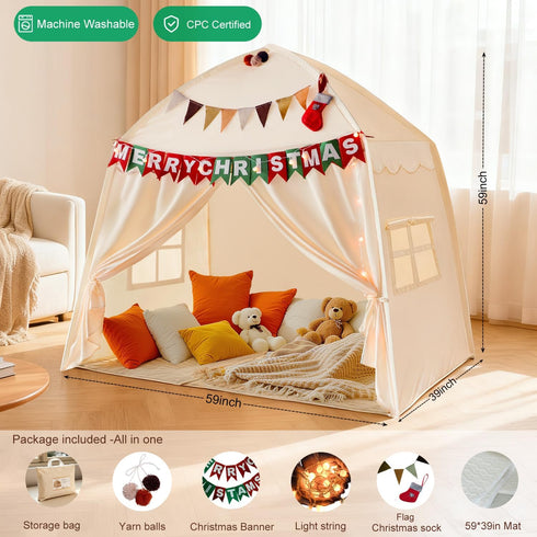 59x39x59in Cozy Large Kids Play Tent Indoor with Padded Mat Lights - Teepee Playhouse with Flags Storage Bag - Reading