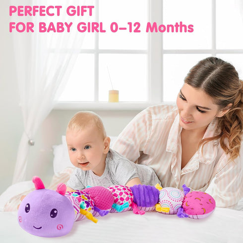 Baby Toy for 0-12 Months, Musical Stuffed Animal with Crinkle, Rattle & Textures - Caterpillar, Purple Birthday Gift