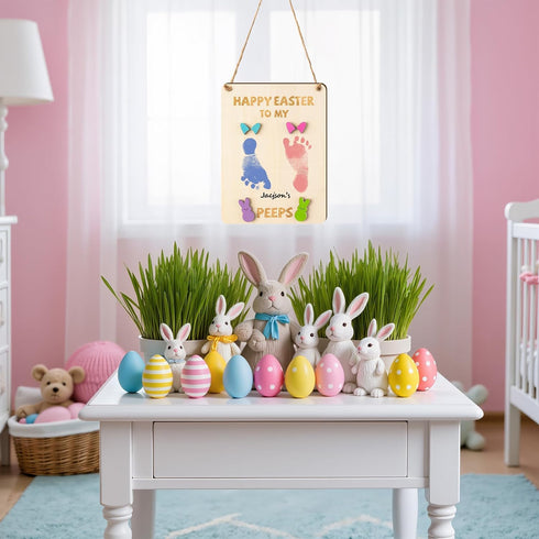 FVhujuan 3D Baby's First Easter DIY Footprint and Handprint Haning Sign, Happy Easter Bunny Wooden Footprint Art Sign