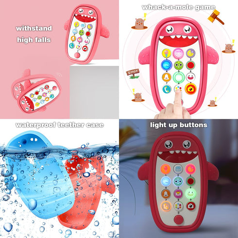 Baby Shark Cell Phone Toy with Removable Teether Case, Light, Music & Adjustable Volume for Kids 0-6 Months (Red)