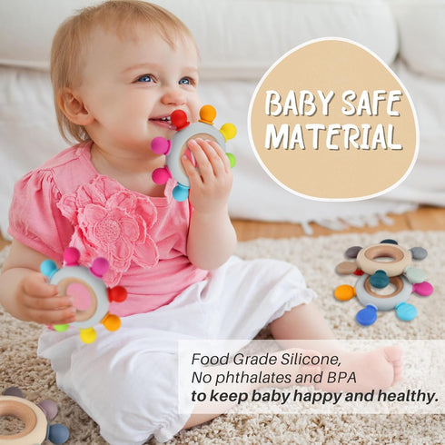 Baby Teething Toys, Silicone Chewable Teethers with Wooden Ring for Soothing Babies Gums, Rudder Chewers Shower Gift for lnfants & Toddlers, 4+ Months (6 Directions, Gray)