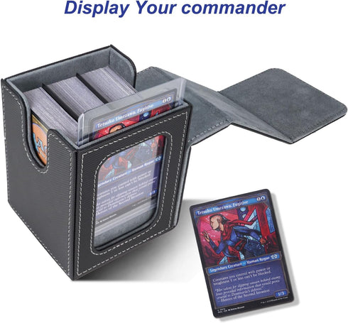 MTG Deck Box for Commander Display,Card Deck Box Fits 100 Double Sleeved Cards, Magic Commander TCG Card Storage Box with 2 Dividers,Drawstring Bag and 1 Toploader(Black/grey)