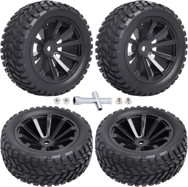 12mm Hex Wheels and Tires with Foam Inserts for 1/10 RC Touring Car, 1/18 Latrax Teton, 1/16 Traxxas Slash, Set of 4
