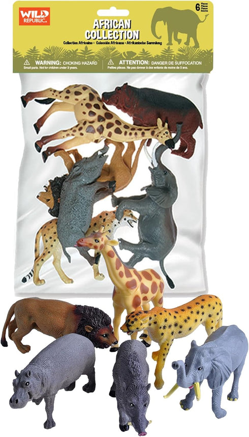 Wild Republic African Animals Polybag, 6-Piece Toy Figures including Giraffe, Hippo, Lion, Cheetah, Elephant, Warthog
