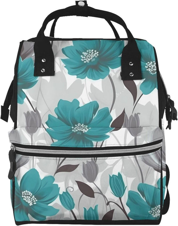 FHEDVBN Teal Grey and White Floral Diaper Bag Backpack for Women Multifunction Waterproof