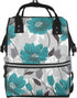 FHEDVBN Teal Grey and White Floral Diaper Bag Backpack for Women Multifunction Waterproof