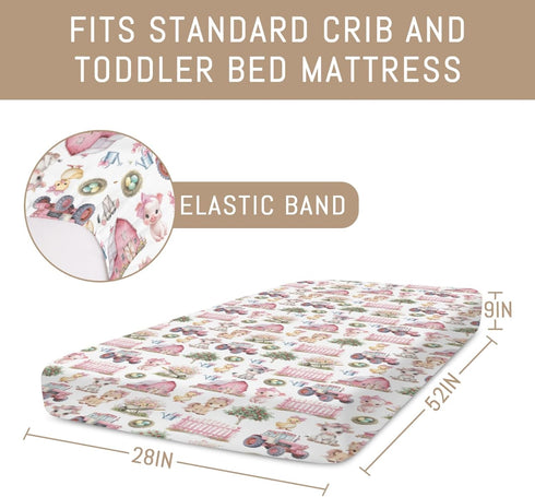 Selgkds 52''x28'' Pink Farm Animals Baby Crib Sheets for Girls Barn Pig Duck Cow Horse Bows Tractors Soft Snug Fitted