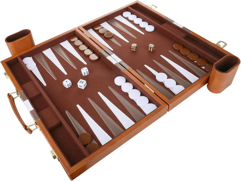 Backgammon Set, Classic Board Game with Premium Leather Case, Portable Travel Strategy Game Set for Adults, Kids (15