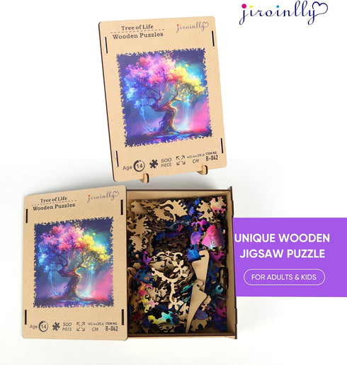 500 Packaging 15.6x15.9 Jiroinlly Wooden Puzzles for Adults Pieces, Tricolor Tree of Life, Wood Jigsaw Puzzle, Unique