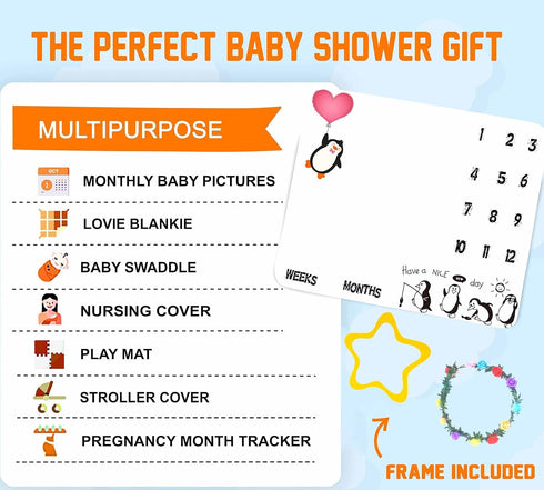 Penguin Baby Monthly Milestone Blanket, 48x40in Soft Flannel, Newborn Mom Gifts
