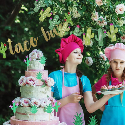 2 Set Fiesta Taco Bar Cactus Banner Garland, Gold Green Glittery Banner for Mexican Fiesta Party