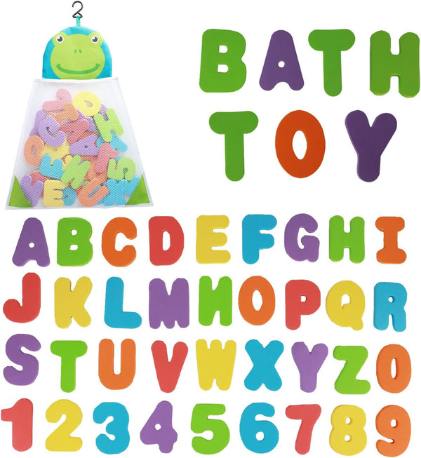 Bath Toys Organizer + 36 Soft Foam ABC 123 Letters & Numbers - Bathroom Alphabet Baby Toys with Quick Dry Storage Net